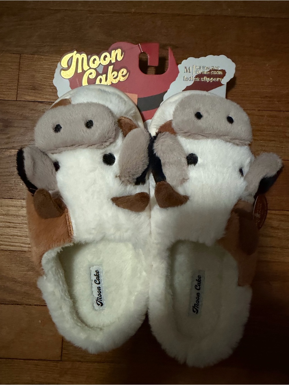 Women's Plush Cow Slippers - White & Brown